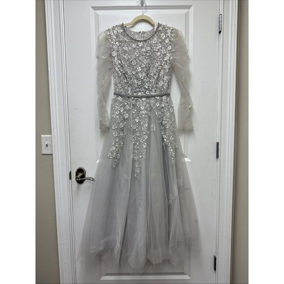 New Mac Duggal Size 4 Gray EMBELLISHED LONG SLEEVE A-LINE MIDI Cocktail Dress - Picture 4 of 11